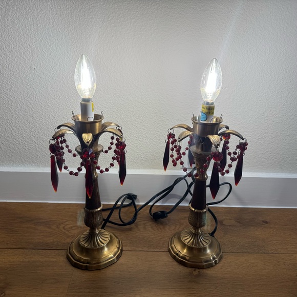 leviton vintage lamp Pair Vintage Brass Candlestick Crystal Ornate Baroque Style - Picture 1 of 12